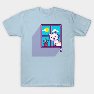 Cute Cat Sitting On Window Cartoon T-Shirt